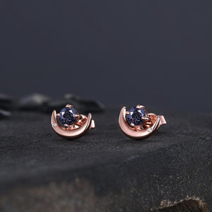 Round Cut Blue Sandstone Earrings Retro Green Stone Earrings Moon Stud Earrings Emerald Earring Christmas gifts for wife Unique Rose Gold Earring - anerjuly