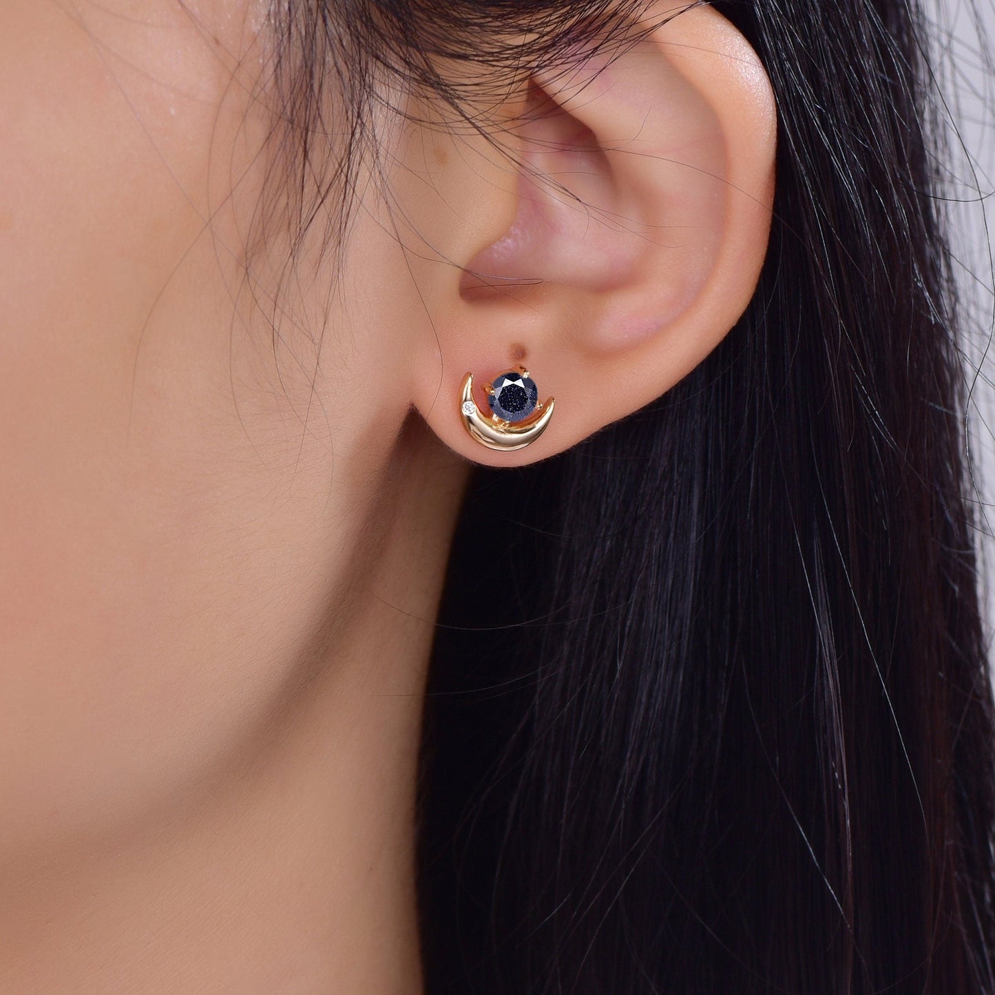Round Cut Blue Sandstone Earrings Retro Green Stone Earrings Moon Stud Earrings Emerald Earring Christmas gifts for wife Unique Rose Gold Earring - anerjuly