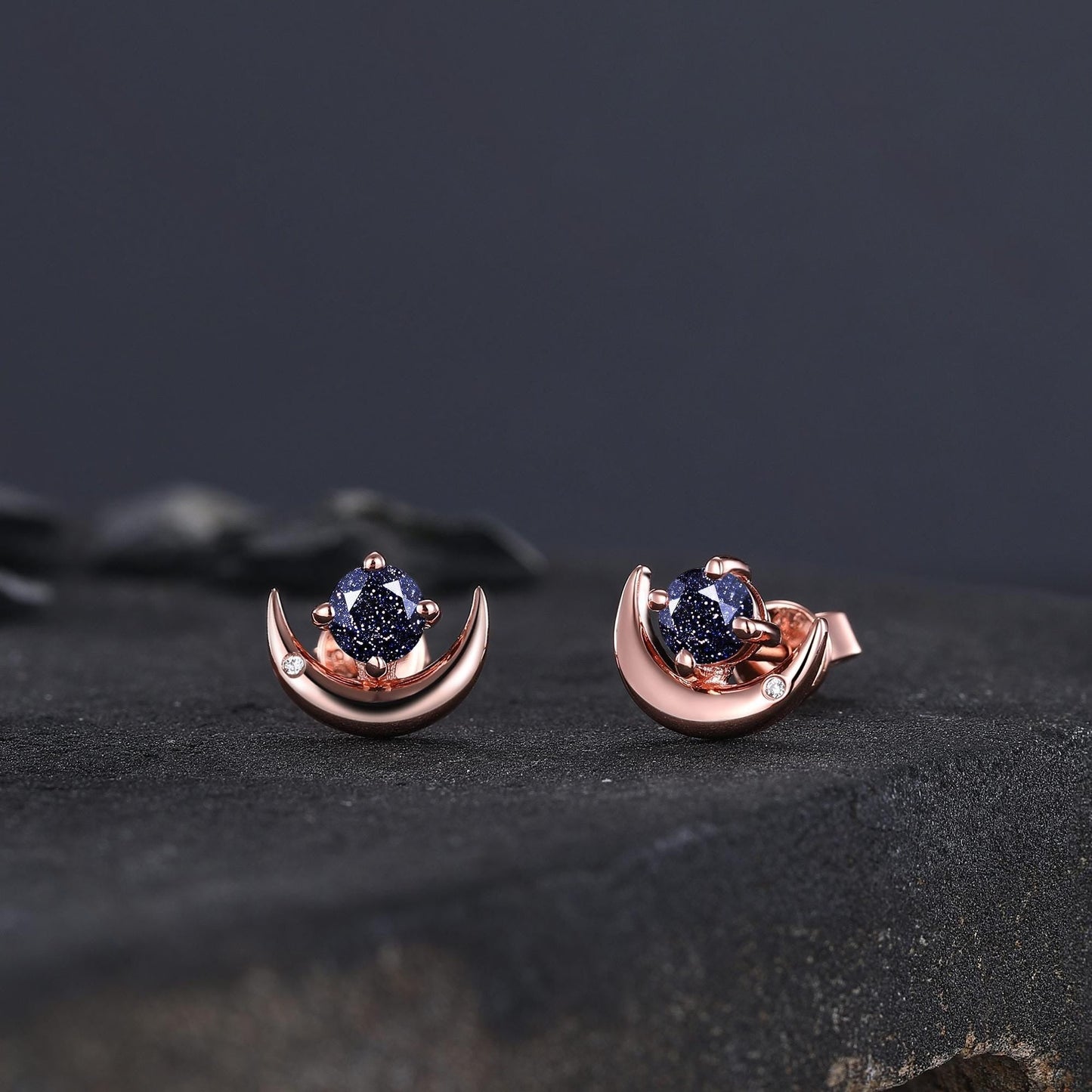 Round Cut Blue Sandstone Earrings Retro Green Stone Earrings Moon Stud Earrings Emerald Earring Christmas gifts for wife Unique Rose Gold Earring - anerjuly
