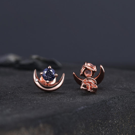 Round Cut Blue Sandstone Earrings Retro Green Stone Earrings Moon Stud Earrings Emerald Earring Christmas gifts for wife Unique Rose Gold Earring - anerjuly