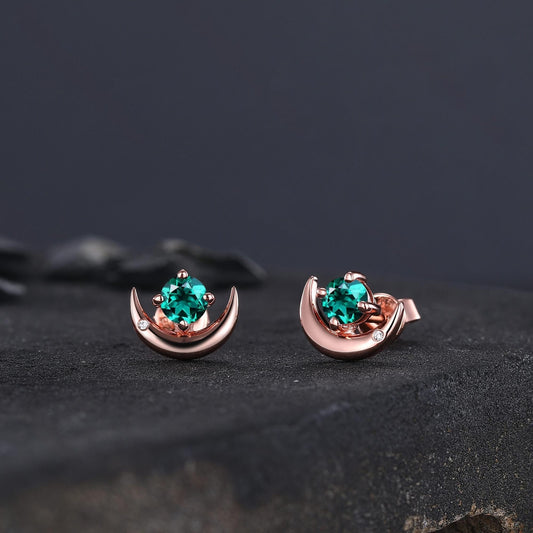 Round Cut Emerald Earrings Retro Green Stone Earrings Moon Stud Earrings Emerald Earring Christmas gifts for wife Unique Rose Gold Earring - anerjuly