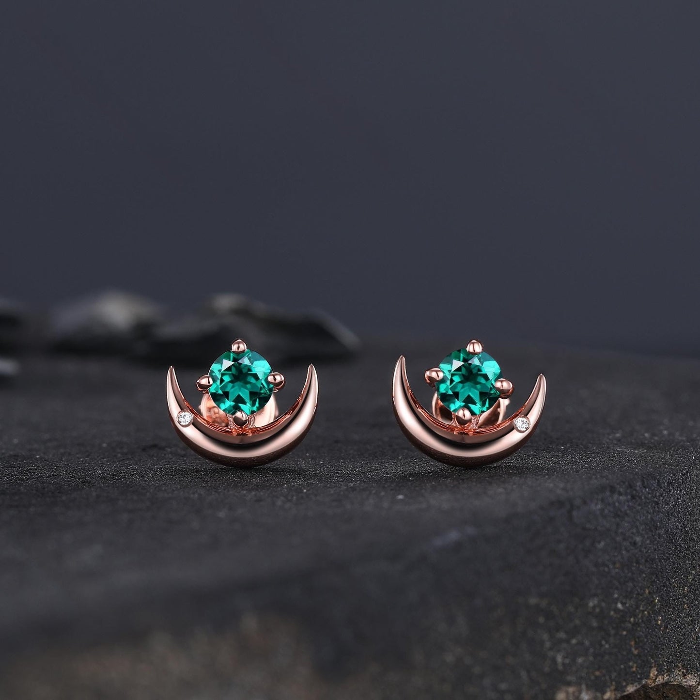 Round Cut Emerald Earrings Retro Green Stone Earrings Moon Stud Earrings Emerald Earring Christmas gifts for wife Unique Rose Gold Earring - anerjuly