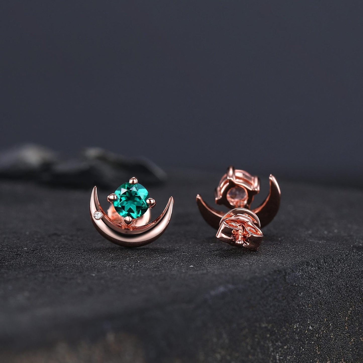 Round Cut Emerald Earrings Retro Green Stone Earrings Moon Stud Earrings Emerald Earring Christmas gifts for wife Unique Rose Gold Earring - anerjuly