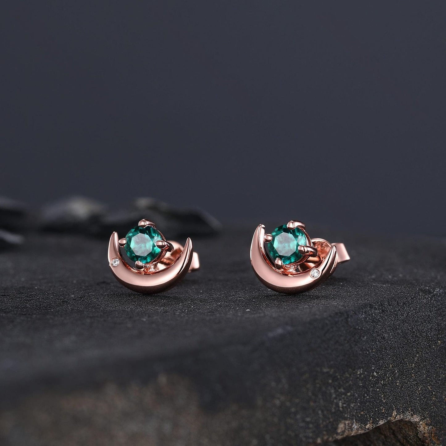 Round Cut Emerald Earrings Retro Green Stone Earrings Moon Stud Earrings Emerald Earring Christmas gifts for wife Unique Rose Gold Earring - anerjuly
