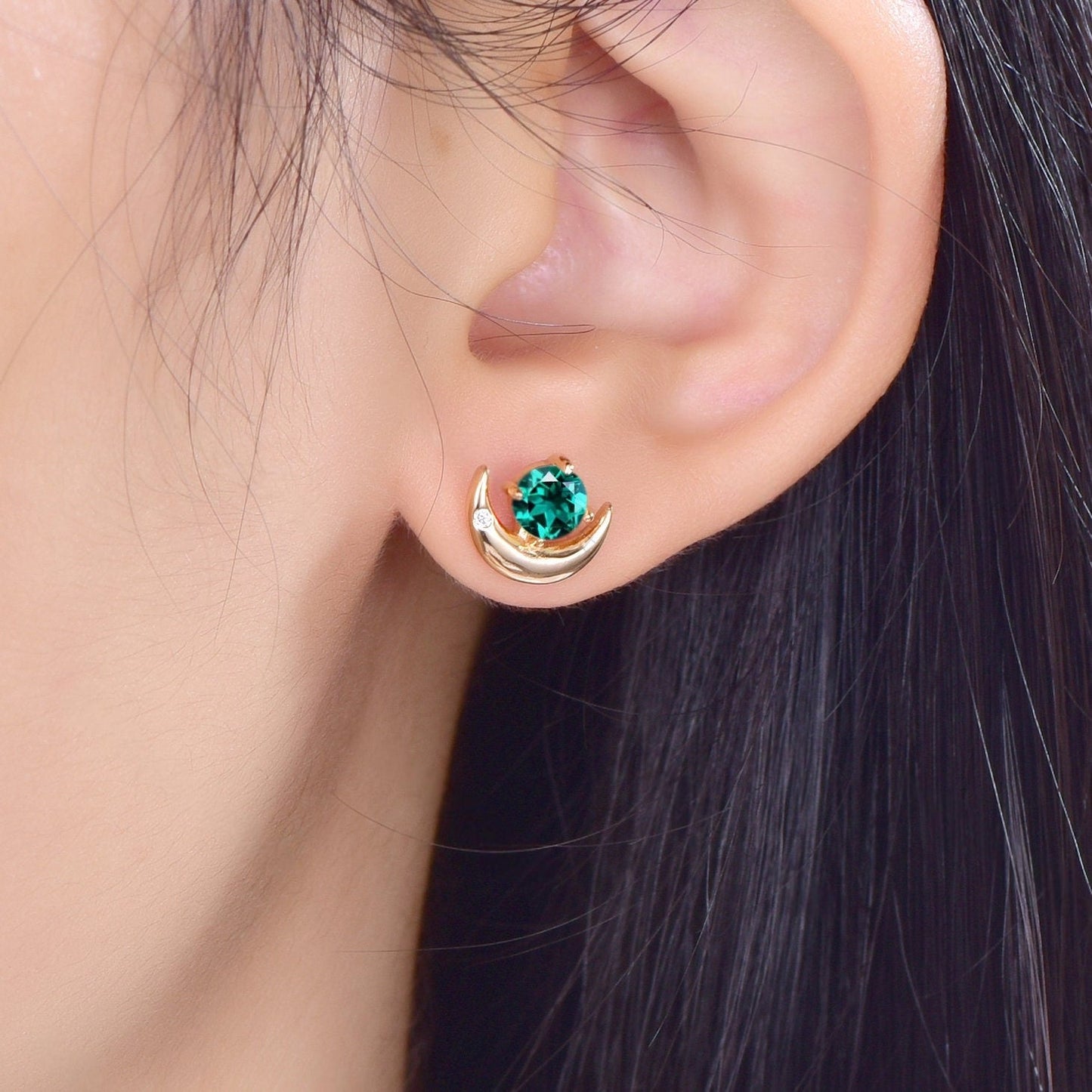 Round Cut Emerald Earrings Retro Green Stone Earrings Moon Stud Earrings Emerald Earring Christmas gifts for wife Unique Rose Gold Earring - anerjuly