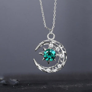 Round Cut Moss Agate Pendant Necklace Vintage Moon Stary Pendant Women Bridal Promise Ring Birthday Necklace Women Anniversary Gift - anerjuly