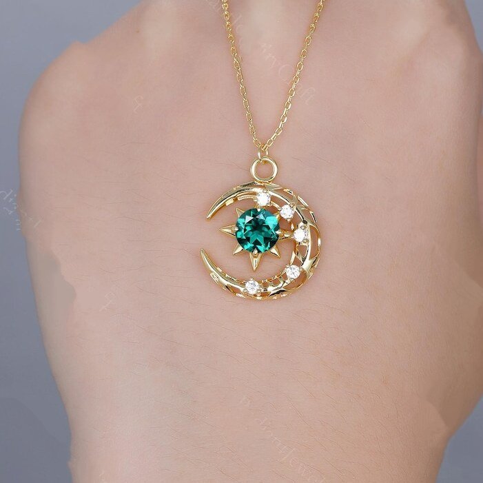 Round Cut Moss Agate Pendant Necklace Vintage Moon Stary Pendant Women Bridal Promise Ring Birthday Necklace Women Anniversary Gift - anerjuly