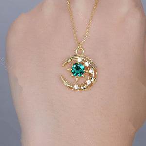 Round Cut Moss Agate Pendant Necklace Vintage Moon Stary Pendant Women Bridal Promise Ring Birthday Necklace Women Anniversary Gift - anerjuly