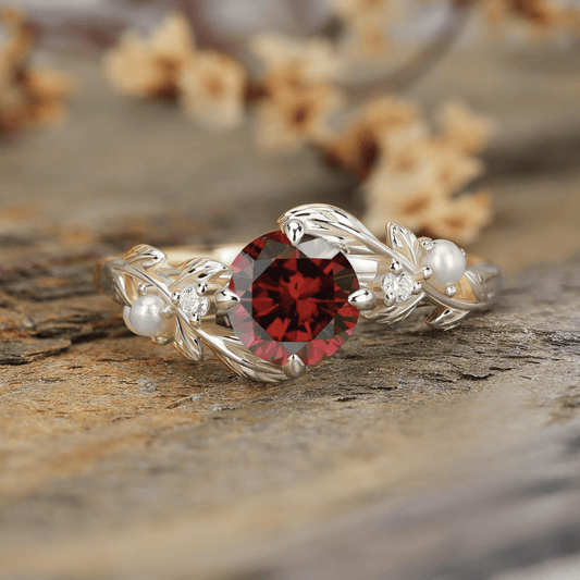 Round cut natural Red Garnet Couple Rings Tungsten matching rings for couples - anerjuly