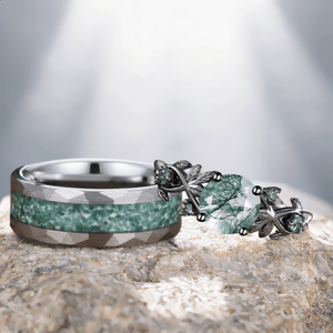Round Cut Unique Moss Agate Couple Rings Nature - Inspired His and Her Matching Wedding Band - anerjuly