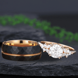 Round Moissanite Bridal Set Couple Ring Set His and Her Engagement Ring - anerjuly