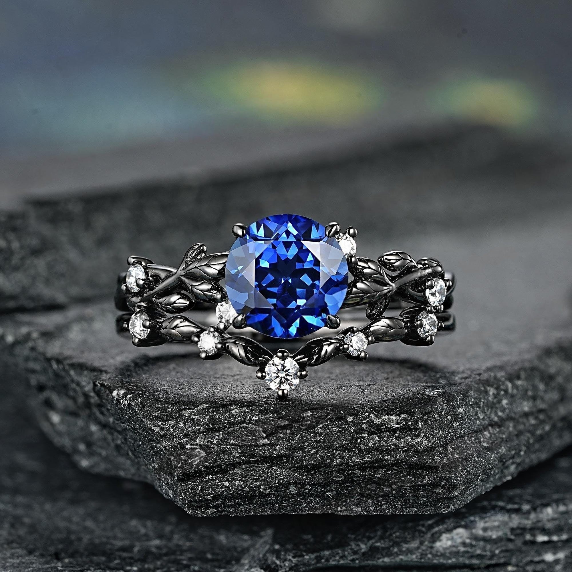 Round Sapphire Couples Ring Set Black Gold Wedding Band Engagement Ring Twig Leaf Sapphire Ring For Women Bridal Promise Ring - anerjuly