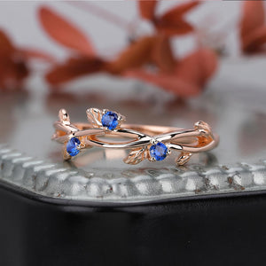 Round Shape Blue Sapphire Wedding Band Matching Ring Natural Inspired Leaf Ring - anerjuly