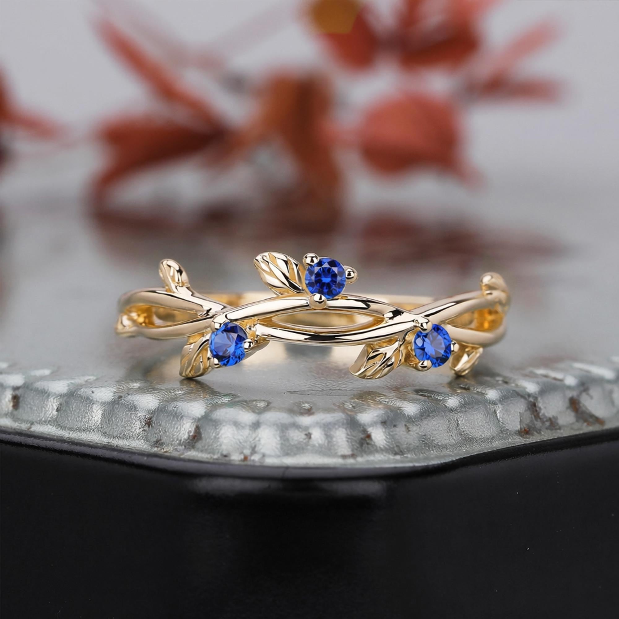 Round Shape Blue Sapphire Wedding Band Matching Ring Natural Inspired Leaf Ring - anerjuly