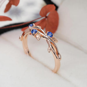 Round Shape Blue Sapphire Wedding Band Matching Ring Natural Inspired Leaf Ring - anerjuly