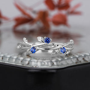 Round Shape Blue Sapphire Wedding Band Matching Ring Natural Inspired Leaf Ring - anerjuly