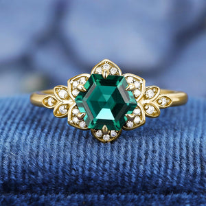 Royal Vintage Hexagon Cut Lab Created Emerald S925 Ring For Women Flowery Design Bridal Engagement Ring - anerjuly