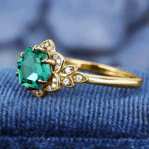 Royal Vintage Hexagon Cut Lab Created Emerald S925 Ring For Women Flowery Design Bridal Engagement Ring - anerjuly
