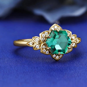 Royal Vintage Hexagon Cut Lab Created Emerald S925 Ring For Women Flowery Design Bridal Engagement Ring - anerjuly