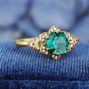 Royal Vintage Hexagon Cut Lab Created Emerald S925 Ring For Women Flowery Design Bridal Engagement Ring - anerjuly