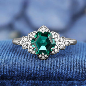 Royal Vintage Hexagon Cut Lab Created Emerald S925 Ring For Women Flowery Design Bridal Engagement Ring - anerjuly