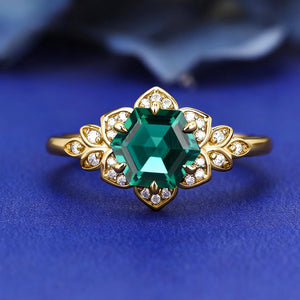 Royal Vintage Hexagon Cut Lab Created Emerald S925 Ring For Women Flowery Design Bridal Engagement Ring - anerjuly