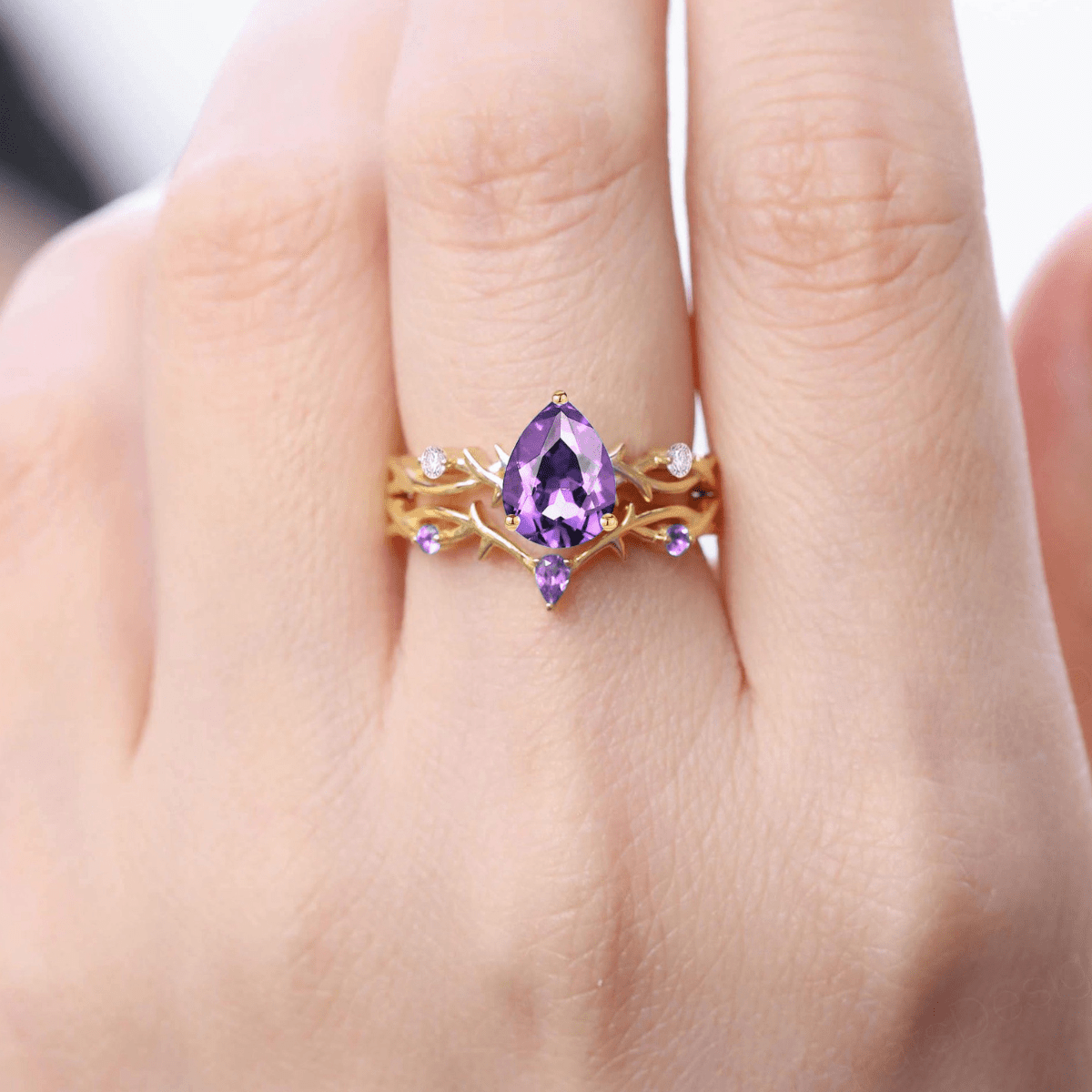 Royal Vintage Pear Shape Amethyst S925 Ring For Women Flowery Design Bridal Engagement Ring - anerjuly