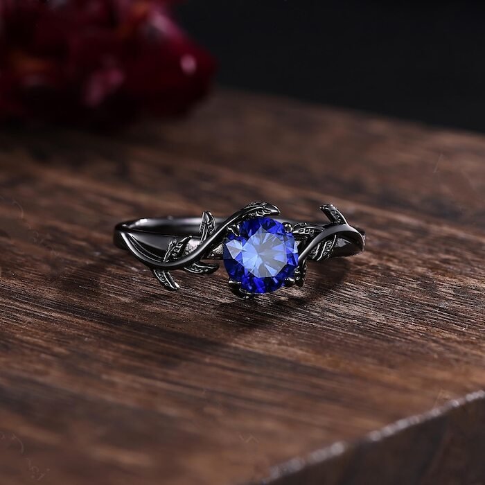 Sapphire Couple Ring Set Blue Sapphire Engagement Ring Set Black Gold His and Her Wedding Band Mens Tungsten Ring Nature Inspired Bridal Set - anerjuly