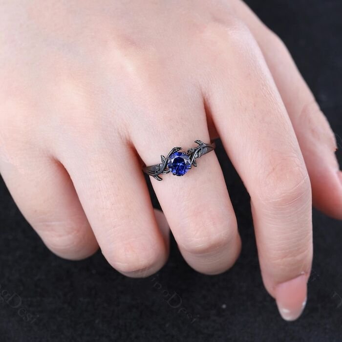 Sapphire Couple Ring Set Blue Sapphire Engagement Ring Set Black Gold His and Her Wedding Band Mens Tungsten Ring Nature Inspired Bridal Set - anerjuly