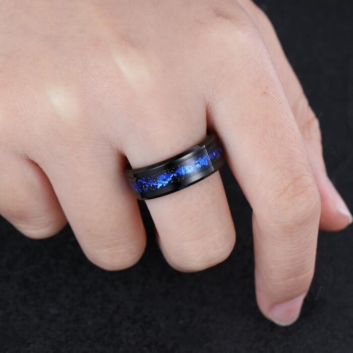 Sapphire Couple Ring Set Blue Sapphire Engagement Ring Set Black Gold His and Her Wedding Band Mens Tungsten Ring Nature Inspired Bridal Set - anerjuly
