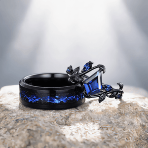 Sapphire Couples Ring Nature Inspired Leaf Sapphire Engagement Ring His and Her Ring Set Tungsten Ring - anerjuly