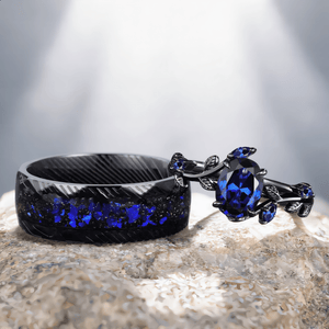 Sapphire couples ring set his her matching wedding band blue sapphire engagement ring unique art deco leaf promise ring - anerjuly