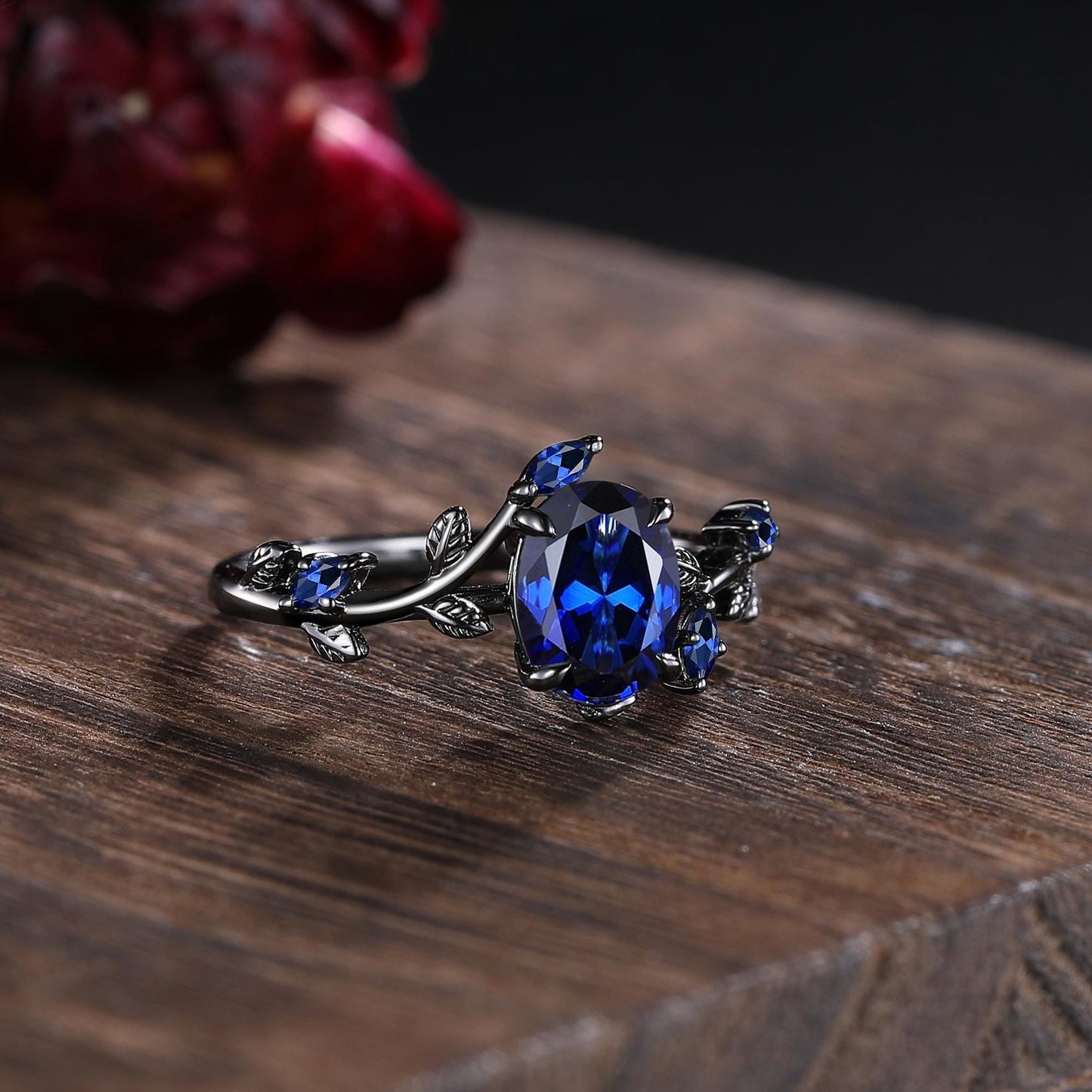 Sapphire couples ring set his&her matching wedding band blue sapphire engagement ring unique women black gold art deco leaf promise ring - anerjuly