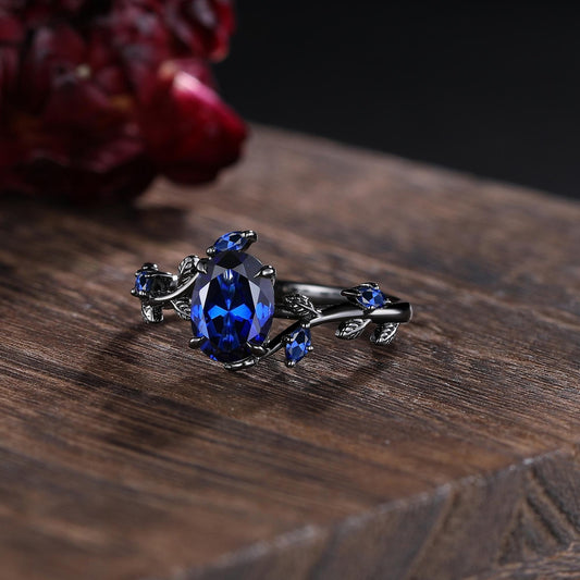 Sapphire couples ring set his&her matching wedding band blue sapphire engagement ring unique women black gold art deco leaf promise ring - anerjuly