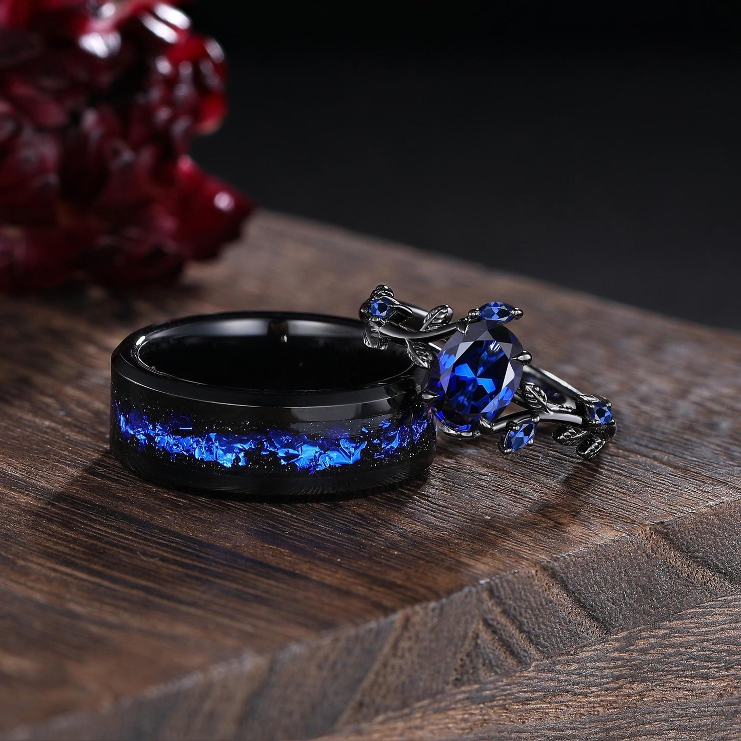 Sapphire couples ring set his&her matching wedding band blue sapphire engagement ring unique women black gold art deco leaf promise ring - anerjuly