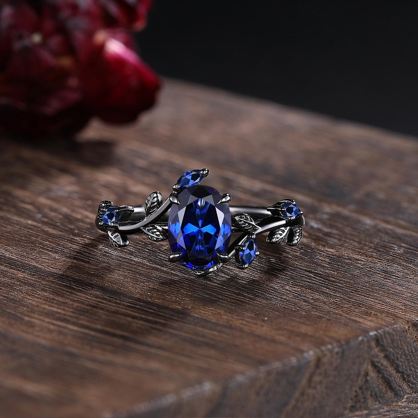 Sapphire couples ring set his&her matching wedding band blue sapphire engagement ring unique women black gold art deco leaf promise ring - anerjuly