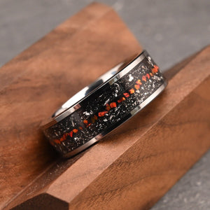 Silver Tungsten Ring with Black Meteorite & Red Opal Inlay - anerjuly