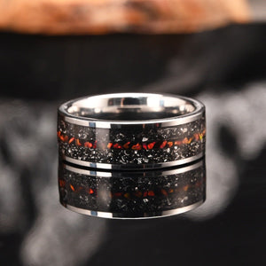Silver Tungsten Ring with Black Meteorite & Red Opal Inlay - anerjuly