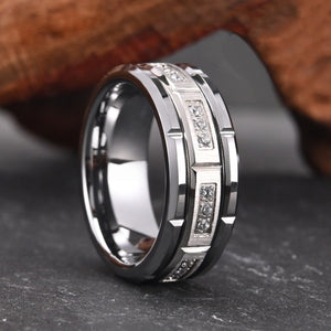 Silver Tungsten Ring with Channel-Set Crystal Accents - anerjuly