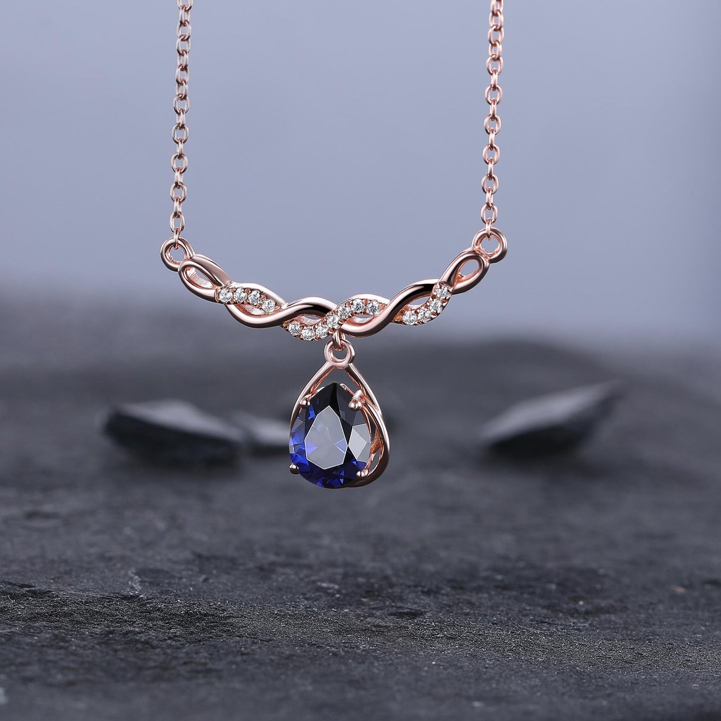 Stacking Sapphire Minimalist Infinity Moissanite Sapphire Birthstone Pendant Rose Gold, Perfect Birthday Gift - anerjuly