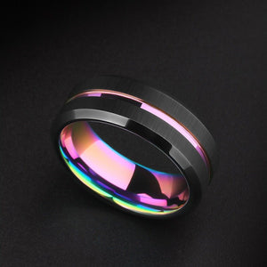 Tungsten Ring Iridescent Rainbow Holographic Hip Hop Statement Band - anerjuly