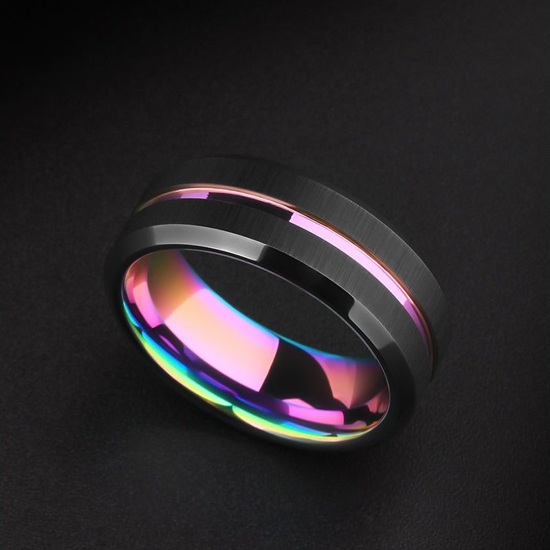 Tungsten Ring Iridescent Rainbow Holographic Hip Hop Statement Band - anerjuly