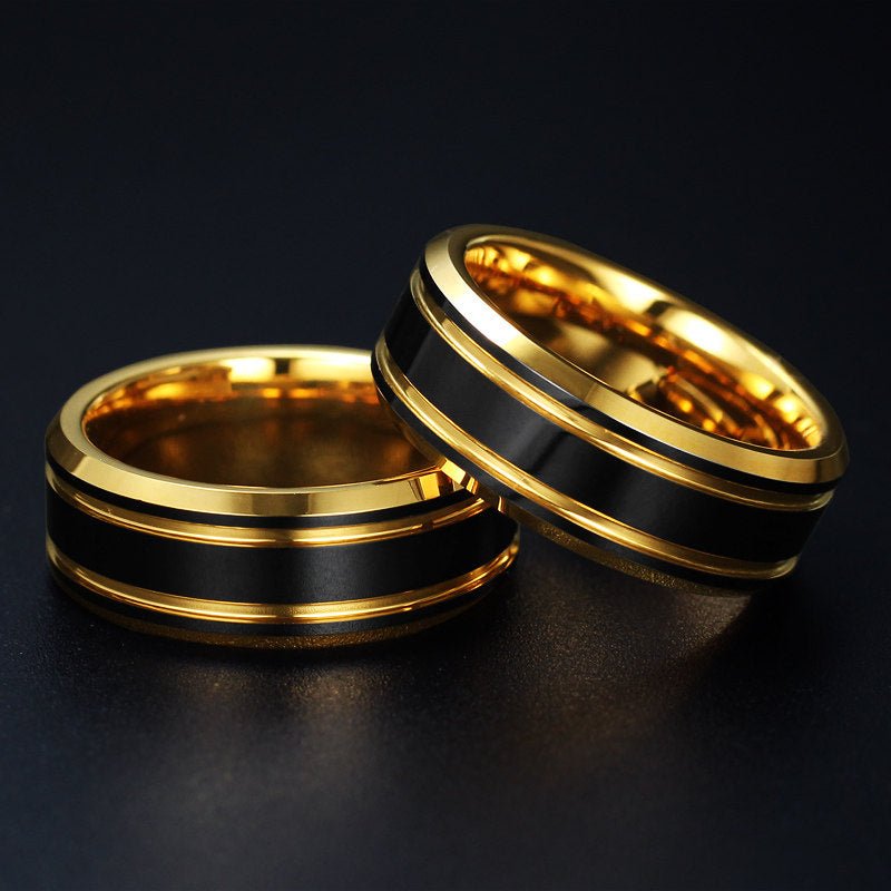 Tungsten Ring Men’s Black Gold Edgy Luxury Fashion Band - anerjuly