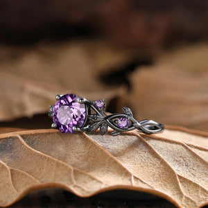 Unique Amethyst Round Shape Engagement Ring Set Vintage Promise Ring - anerjuly