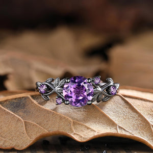 Unique Amethyst Round Shape Engagement Ring Set Vintage Promise Ring - anerjuly