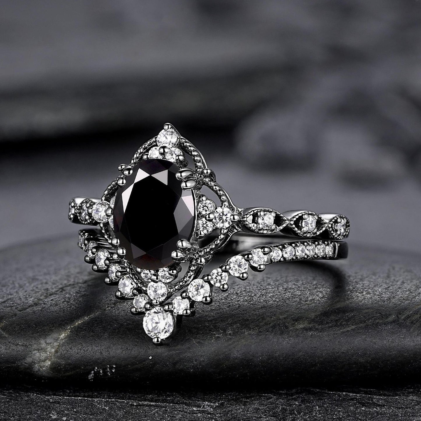 Unique Black Gold Oval Shape Black Moissanite Engagement Ring Set, Witchy Black Floral Promise Ring Gothic Black Wedding Ring Gift for Women - anerjuly
