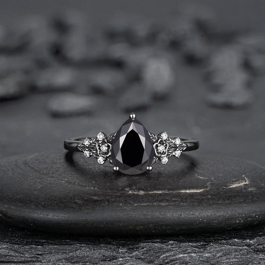 Unique Black Gold Pear Shape Black Onyx Floral Engagement Ring, Witchy Leaf Promise Ring, Gothic Black Wedding Ring Gift for Women - anerjuly