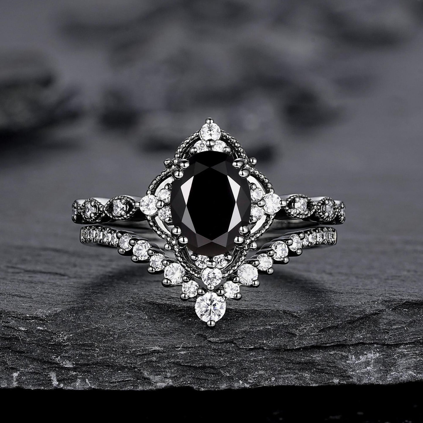 Unique Black Gold Pear Shape Black Onyx Leaf Engagement Ring, Witchy Twig Branch Promise Ring Gothic Black Wedding Ring Gift for Women - anerjuly