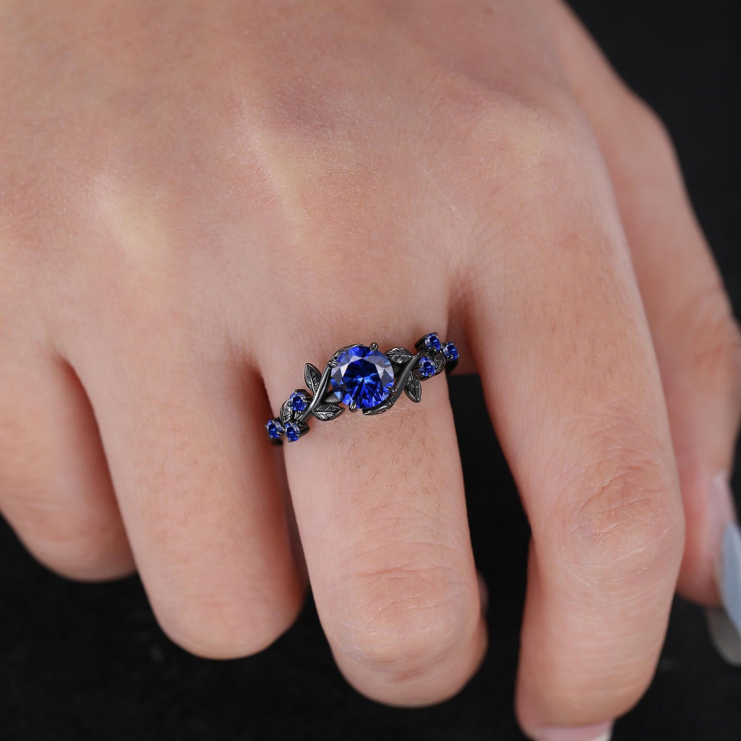 Unique Blue Sapphire Engagement Ring Gothic Black Gold His&Her Sapphire Matching Wedding Band Men's Tungsten Ring Leaf Design Stacking Rings - anerjuly