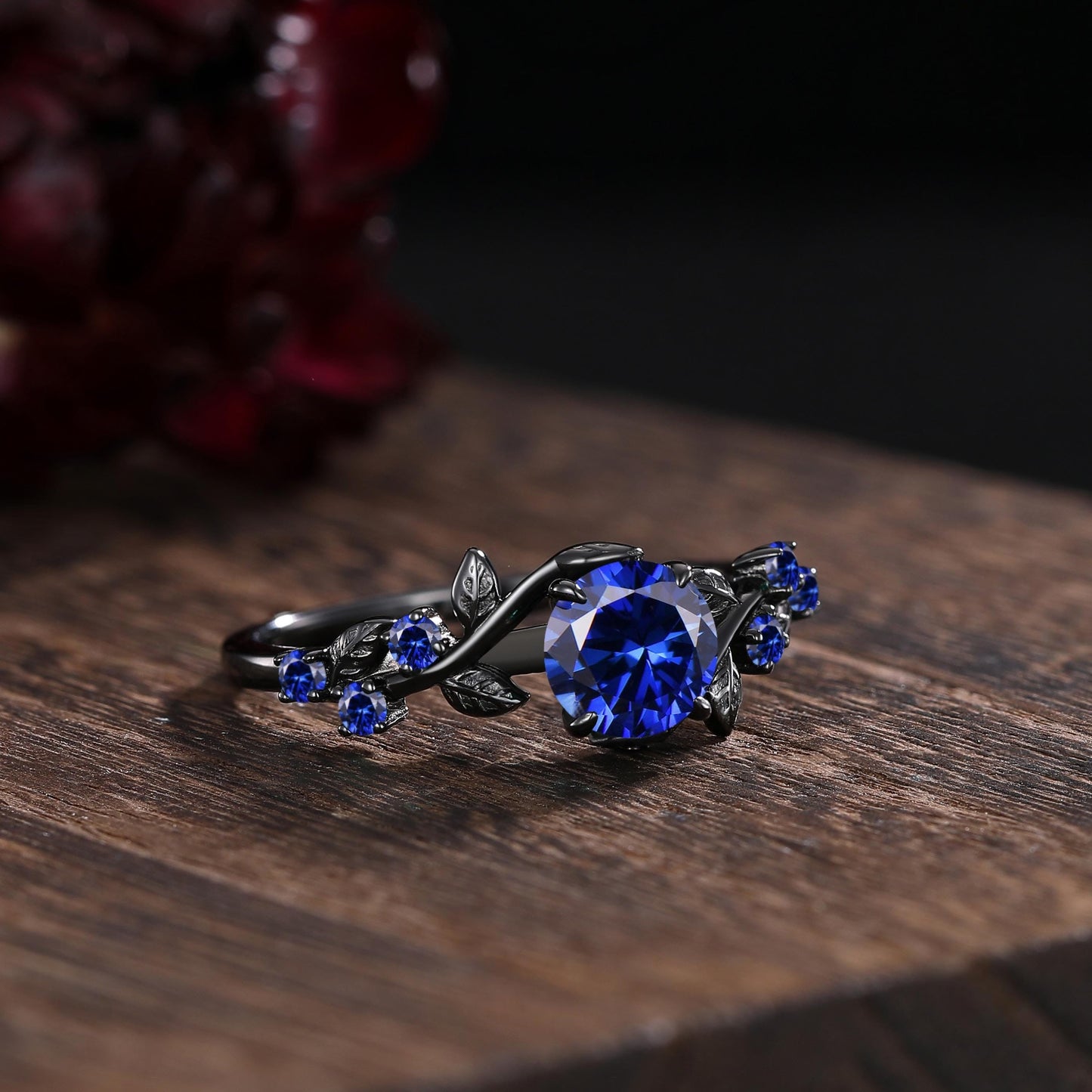 Unique Blue Sapphire Engagement Ring Gothic Black Gold His&Her Sapphire Matching Wedding Band Men's Tungsten Ring Leaf Design Stacking Rings - anerjuly